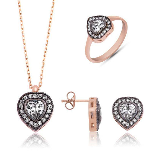 Diamond Mount Heart Women's Rose Plated Silver Set