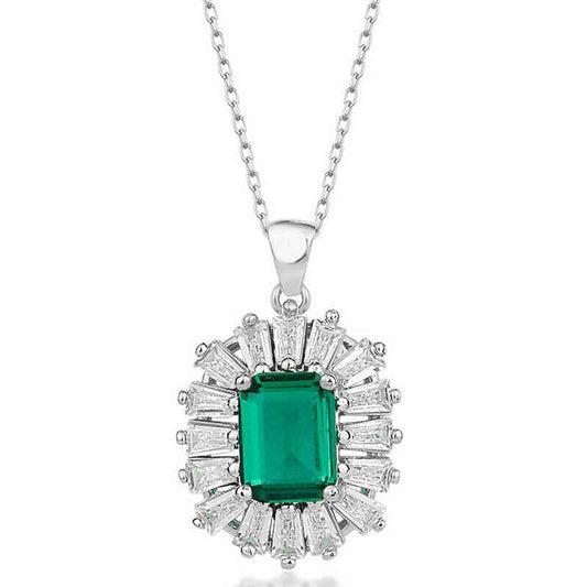 Diamond Mount Emerald Stone Women's Silver Necklace