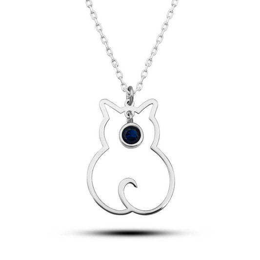 Collier en argent pour femme avec pierre de naissance de septembre et chat