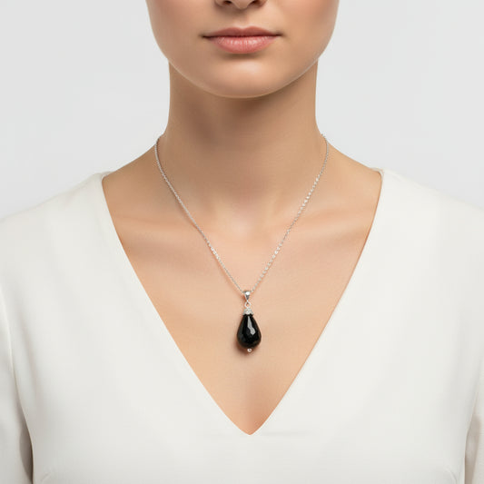Faceted Onyx Natural Stone Silver Necklace