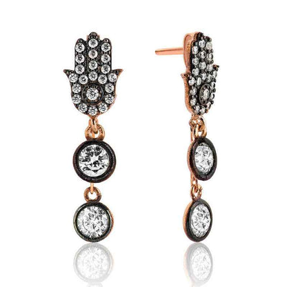 Dangling Fatma's Hand Rose Gold Plated Silver Earrings