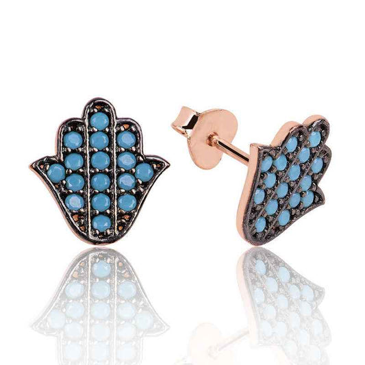 Turquoise Stone Fatma's Hand Stud Silver Earrings