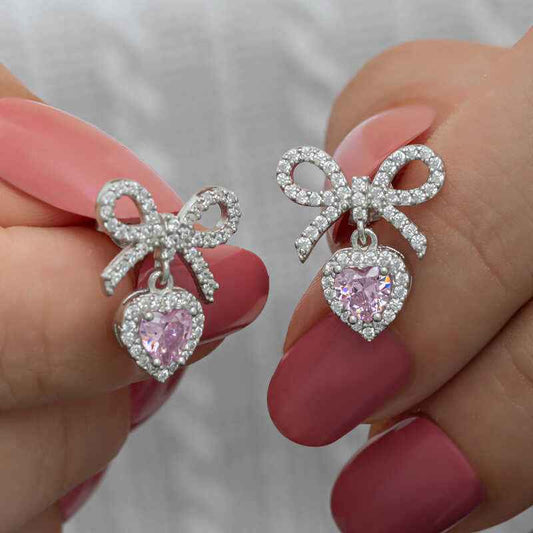 Bow Pink Stone Heart Stud Women's Silver Earrings