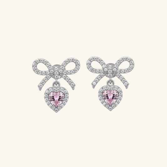 Bow Pink Stone Heart Stud Women's Silver Earrings