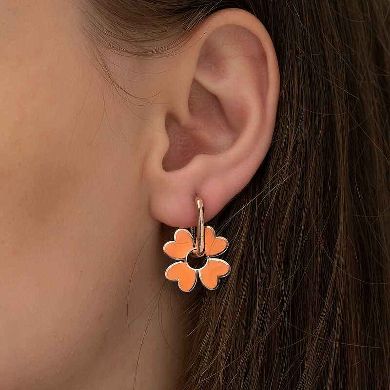 Phosphorescent Orange Clover Silver Earrings