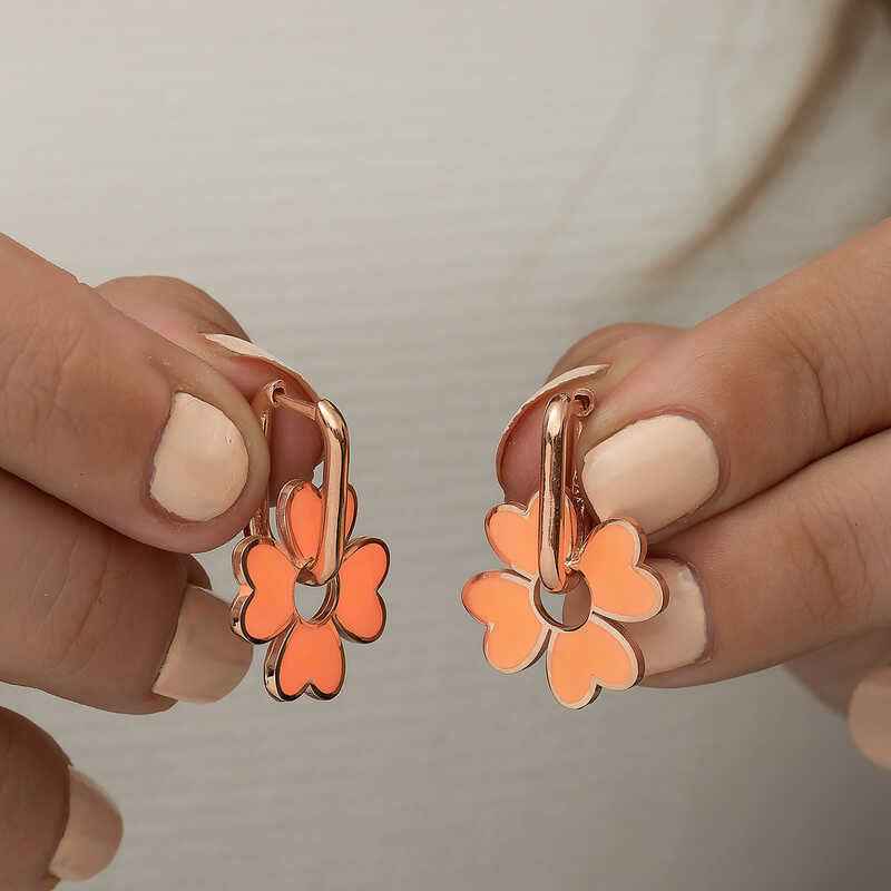 Phosphorescent Orange Clover Silver Earrings