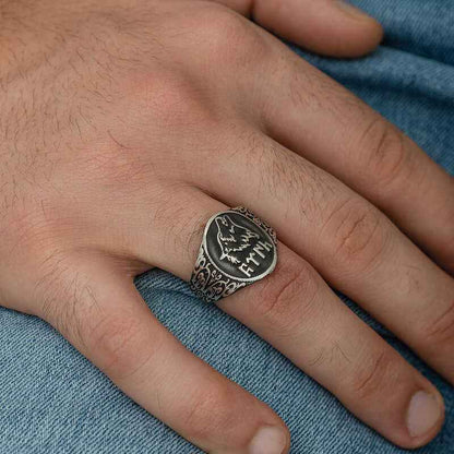 Göktürk Script Turkish Wolf Men's Silver Ring
