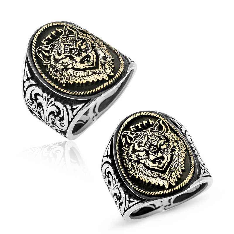 Wolf Head with Göktürk Inscription Men's Silver Ring