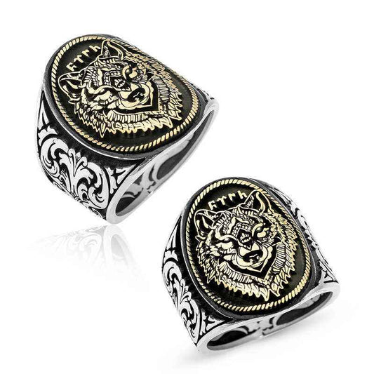 Wolf Head with Göktürk Inscription Men's Silver Ring