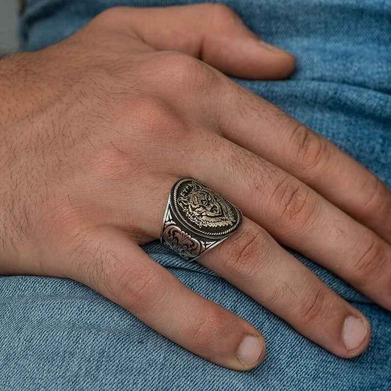 Wolf Head with Göktürk Inscription Men's Silver Ring