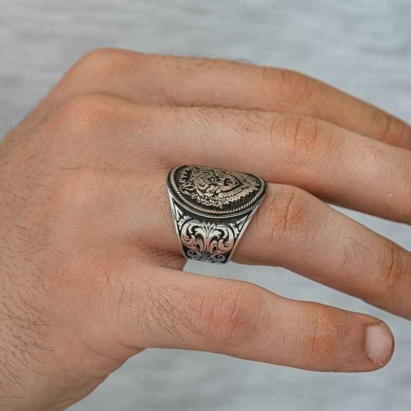 Wolf Head with Göktürk Inscription Men's Silver Ring