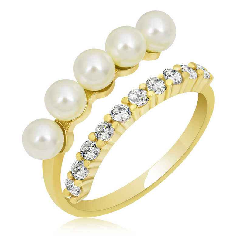 Gold Plated Adjustable Pearl Stone Women's Silver Ring