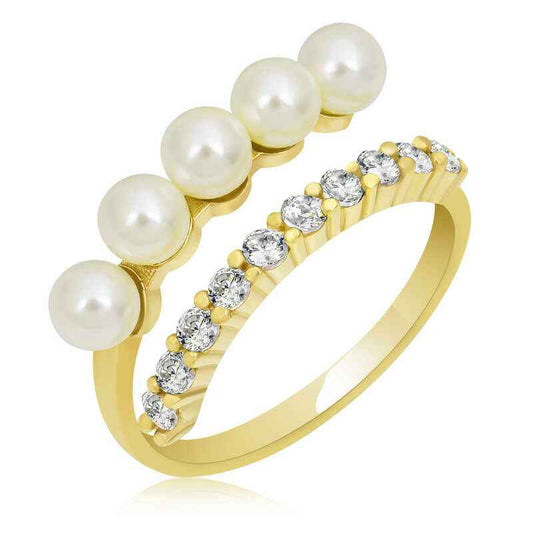 Gold Plated Adjustable Pearl Stone Women's Silver Ring