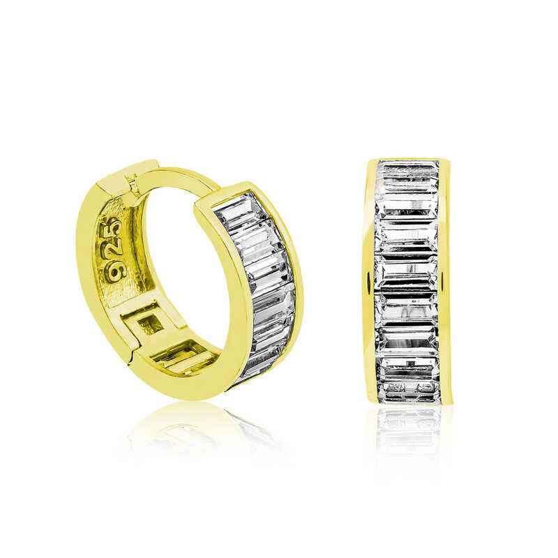 Gold Plated Baguette Stone Silver Hoop Earrings