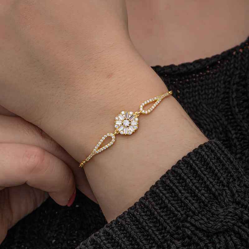 Gold Plated Baguette Stone Women's Silver Bracelet