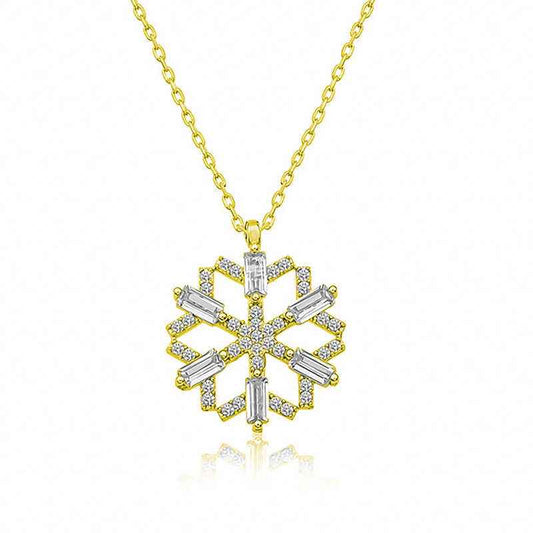 Gold Plated Baguette Stone Snowflake Silver Necklace