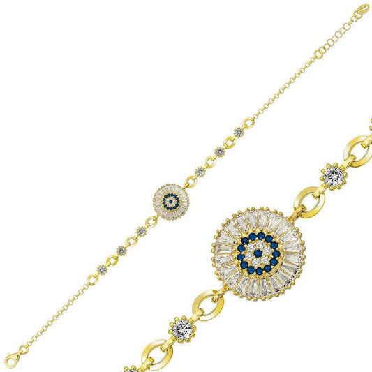 Gold Plated Baguette Stone Evil Eye Women's Silver Bracelet