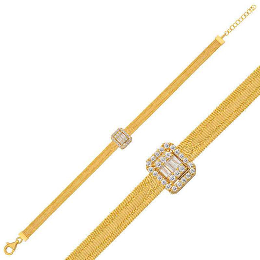 Gold Plated Baguette Stone Trabzon Mesh Women's Silver Bracelet