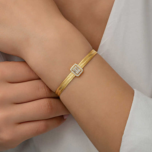 Vergoldetes Baguette-Stein-Trabzon-Mesh-Silberarmband für Damen