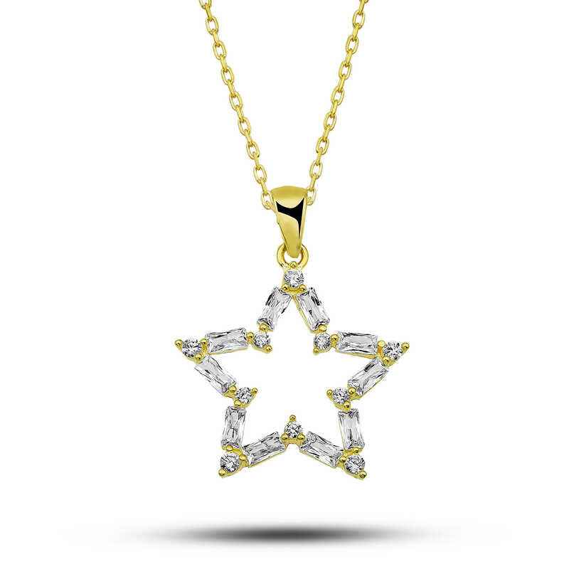 Gold Plated Baguette Stone Star Women's Silver Necklace