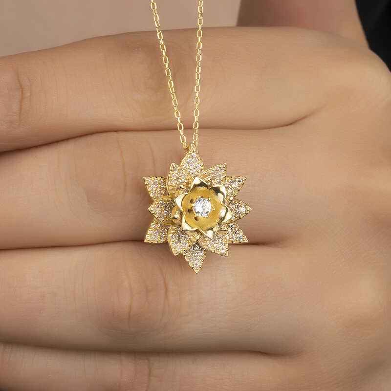 Gold Plated White Stone Lotus Flower Women's Silver Necklace
