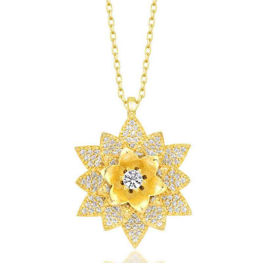 Gold Plated White Stone Lotus Flower Women's Silver Necklace