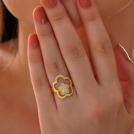 Flower Pattern Gold Plated Women's Silver Ring