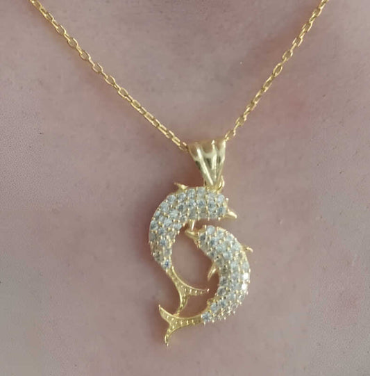 Collier en argent plaqué or pour femme avec double dauphin