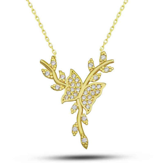 Gold Plated Butterfly on Branch Women's Silver Necklace