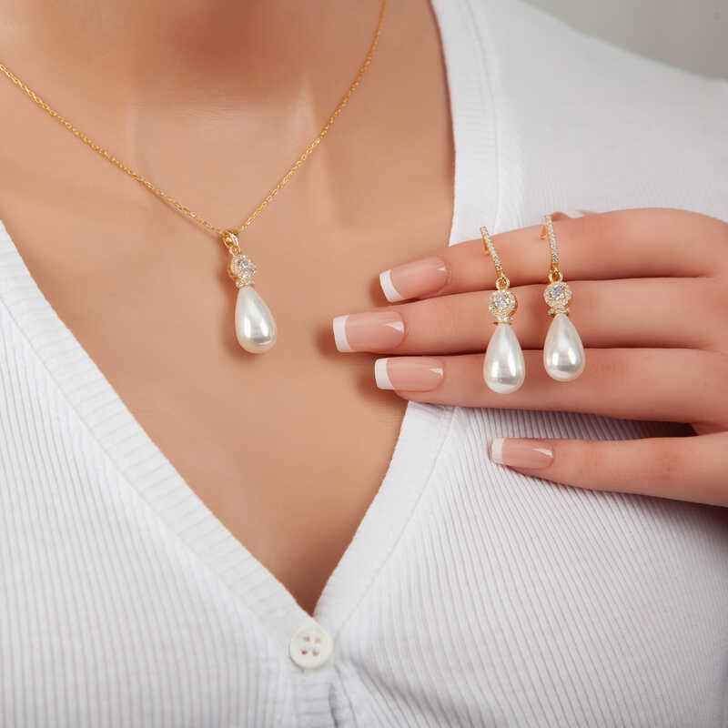 Gold Plated Drop Pearl Women's Silver Set