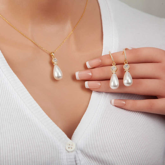 Gold Plated Drop Pearl Women's Silver Set