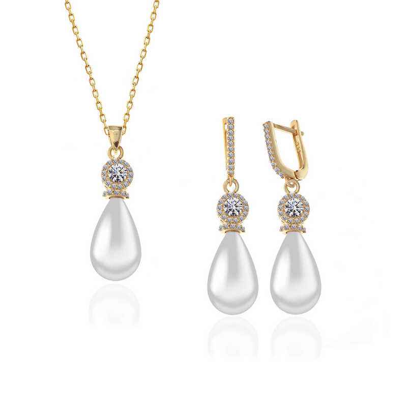 Gold Plated Drop Pearl Women's Silver Set