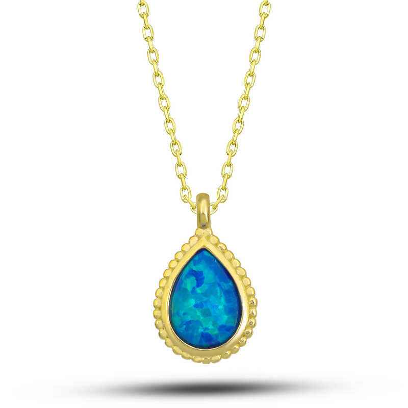 Gold Plated Drop Blue Opal Stone Women's Silver Necklace