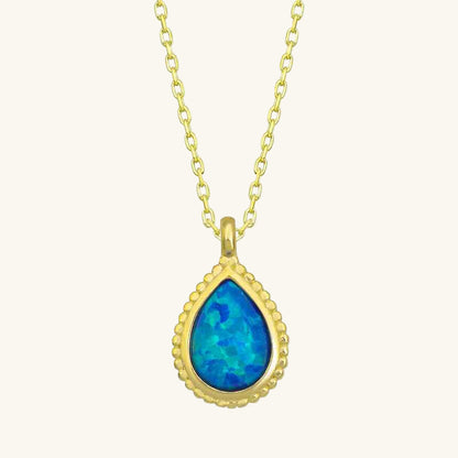 Gold Plated Drop Blue Opal Stone Women's Silver Necklace