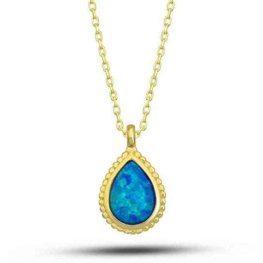 Gold Plated Drop Blue Opal Stone Women's Silver Necklace