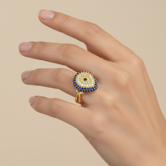 Gold Plated Drop Evil Eye Women's Silver Ring