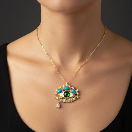 Gold Plated Teardrop Protective Gaze Silver Necklace