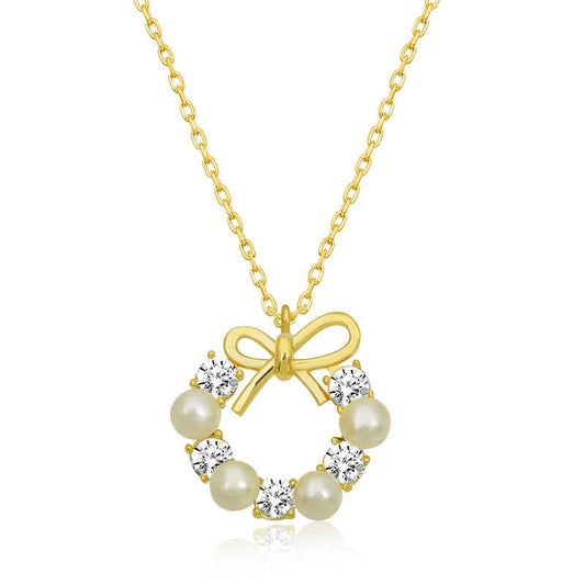 Gold Plated Pearl Ribbon Women's Silver Necklace
