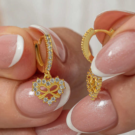 Gold Plated Heart Ribbon Dangle Women's Silver Earrings