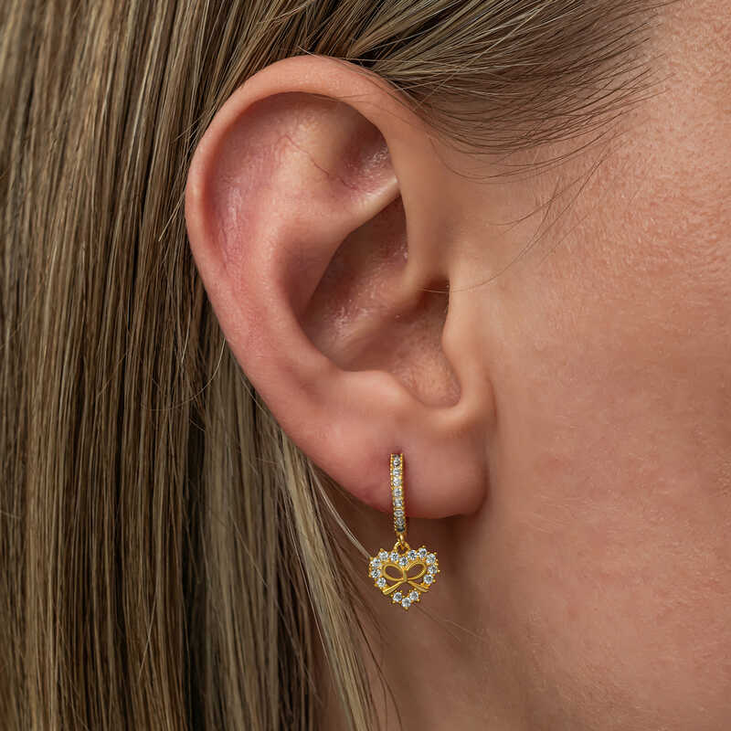 Gold Plated Heart Ribbon Dangle Women's Silver Earrings