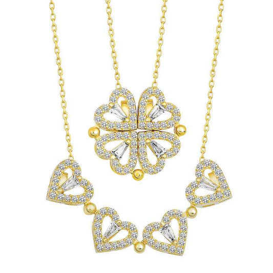 Gold Plated Heart Openable Clover Women's Silver Necklace