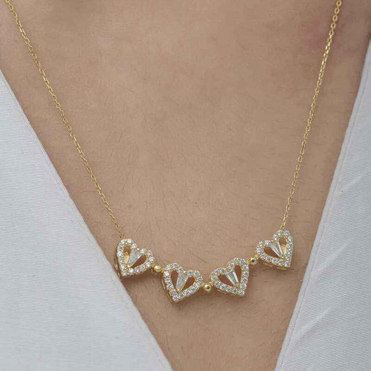 Gold Plated Heart Openable Clover Women's Silver Necklace