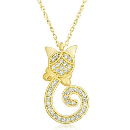 Collier en argent plaqué or pour femme avec chat