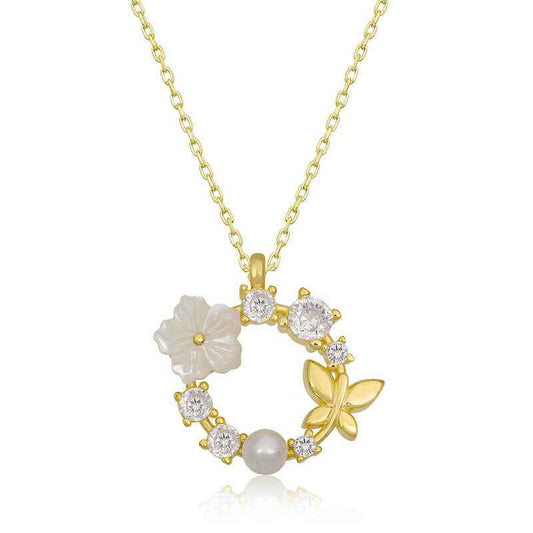 Gold Plated Magnolia Flower Butterfly Women's Silver Necklace