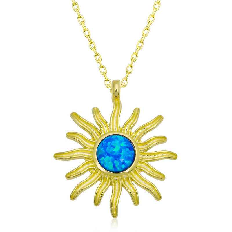 Gold Plated Blue Opal Stone Sun Women's Silver Necklace