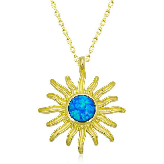 Gold Plated Blue Opal Stone Sun Women's Silver Necklace