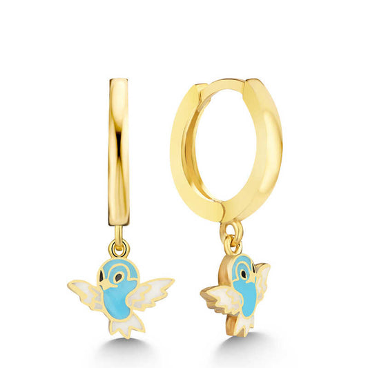 Blue Colored Dangling Bird Gold Plated Silver Women's Earrings