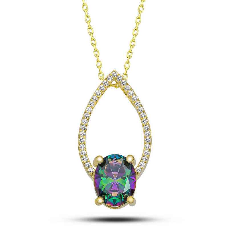 Gold Plated Oval Mystic Topaz Stone Drop Women's Silver Necklace