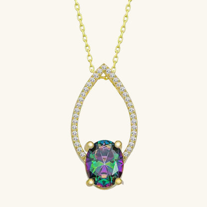 Gold Plated Oval Mystic Topaz Stone Drop Women's Silver Necklace