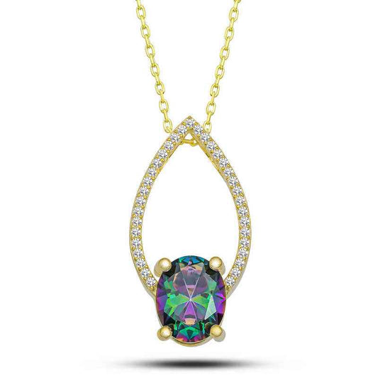 Gold Plated Oval Mystic Topaz Stone Drop Women's Silver Necklace